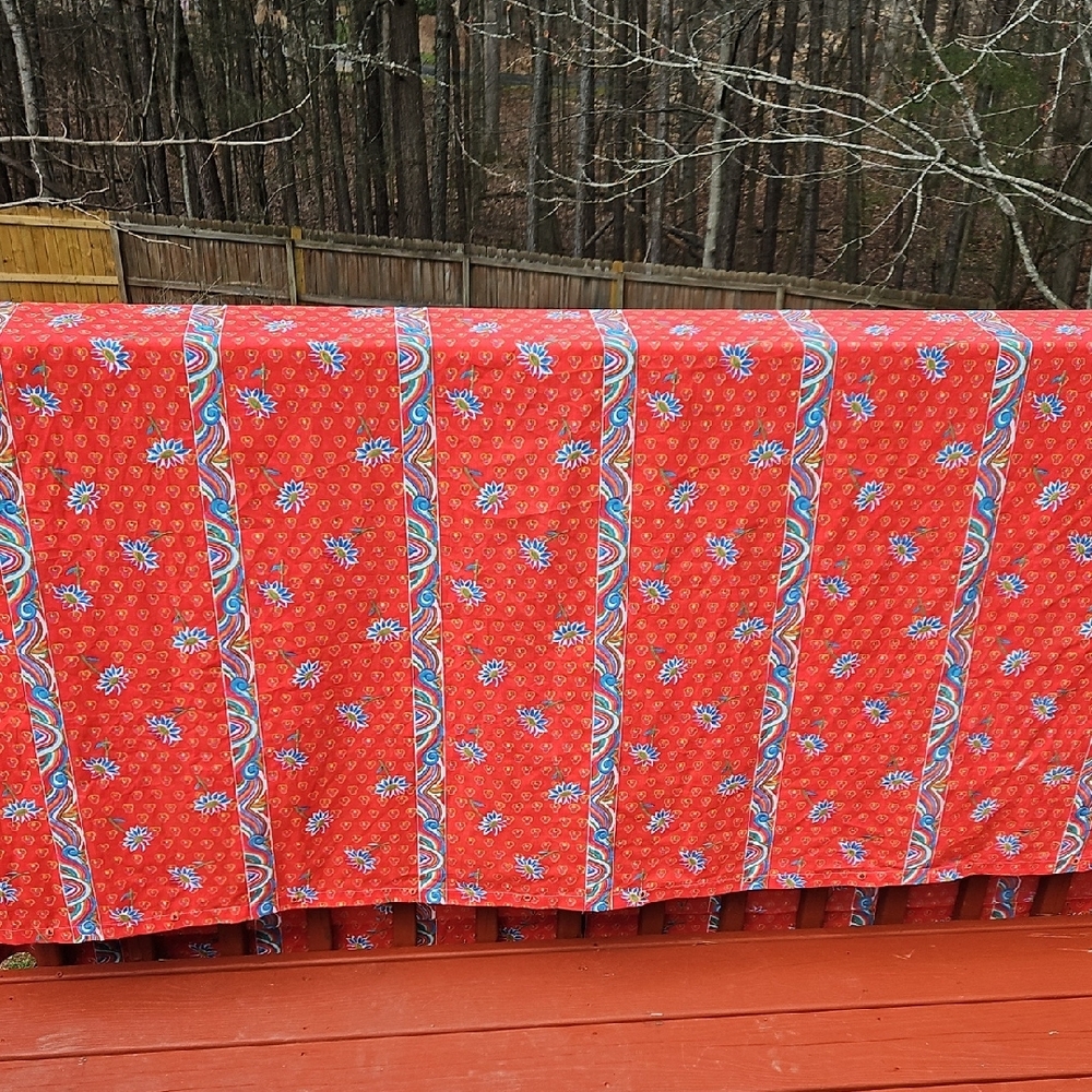 Vintage Cotton Indian Block Design  Orange  Blue Floral Shower 72" X 72" Curtain - Picture 9 of 17